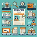 An organized checklist infographic displaying the required documents for applying to Pradhan Mantri Awas Yojana (PMAY) in 2025